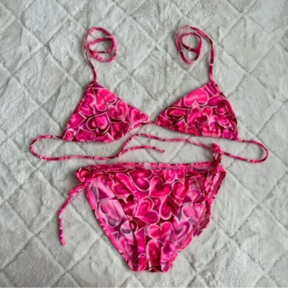 Victoria's Secret | Vintage Hearts Triangle Tie Bikini Set | Size Large - Picture 2 of 10